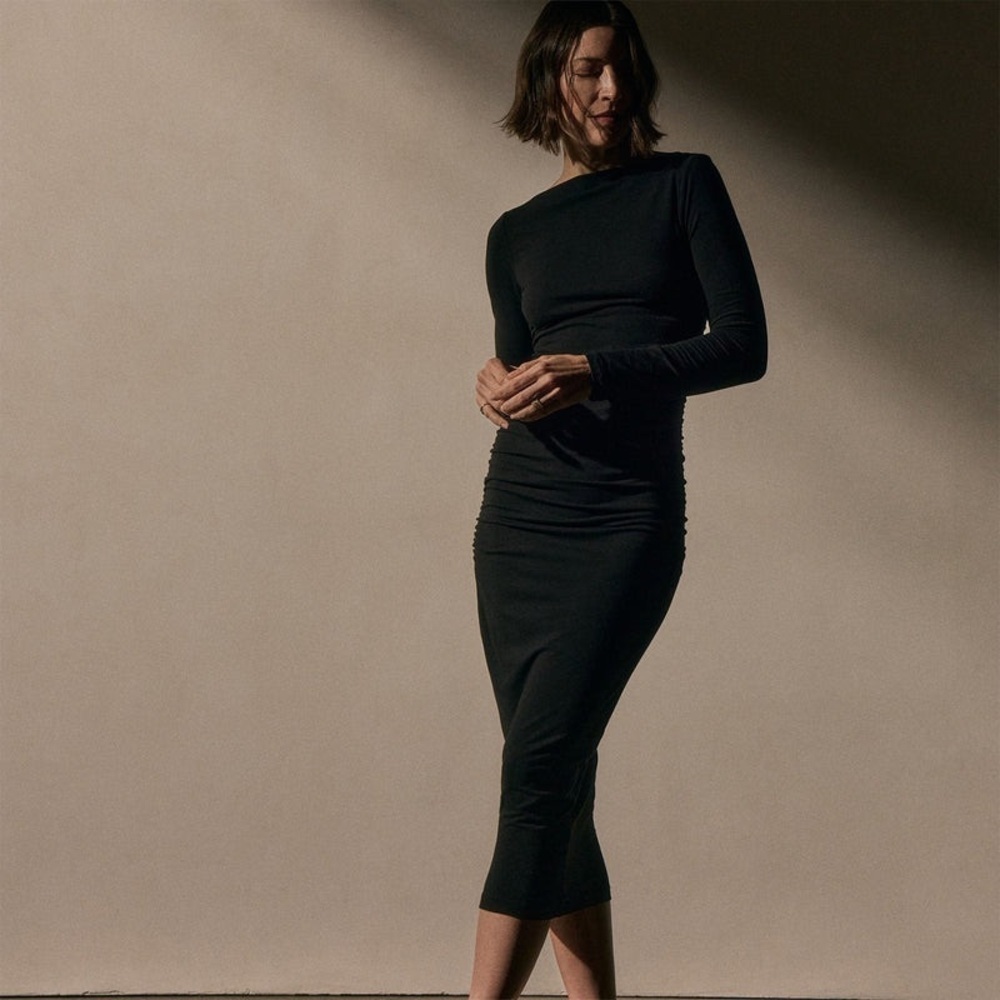 James Perse Ruched Long Sleeve Midi Dress | Minimalist Chic LBB Vibe Size 3 (L)